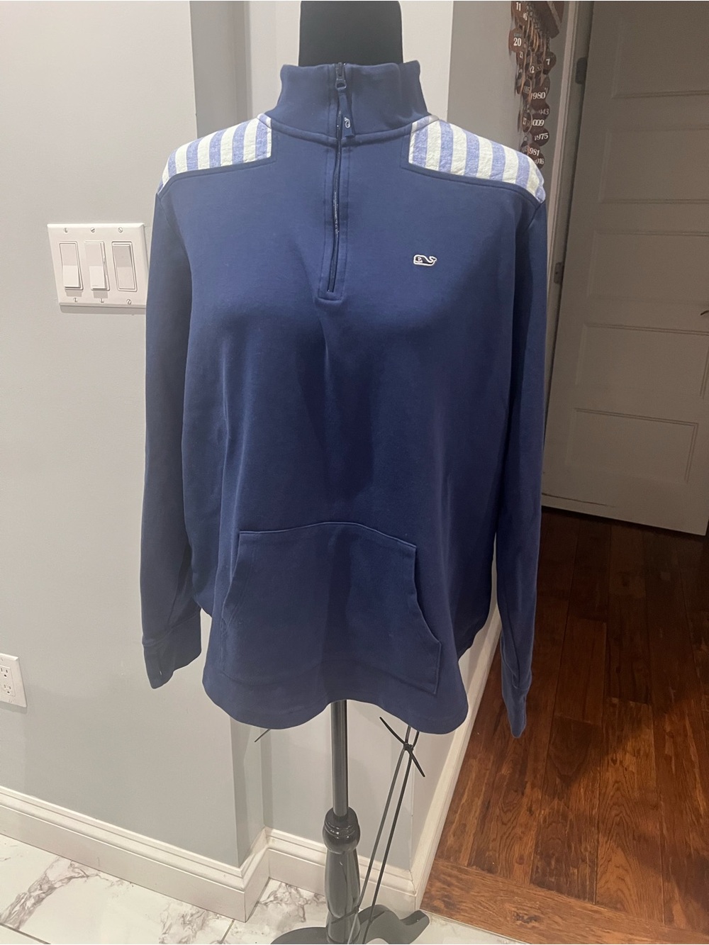 Vineyard Vines Navy Half-Zip Pullover with Striped Shoulder Detail
